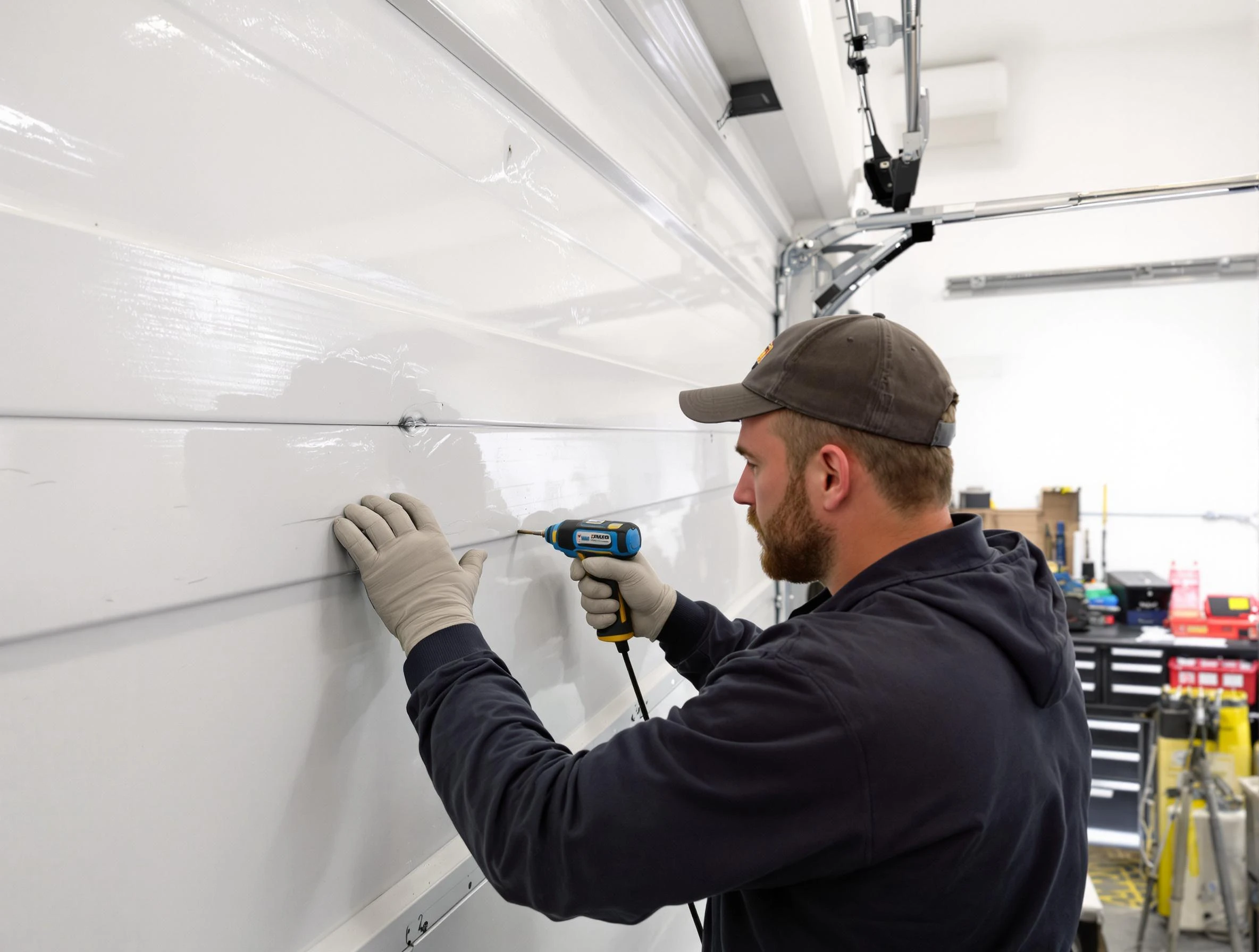 Maple Grove Garage Door Repair technician demonstrating precision dent removal techniques on a Maple Grove garage door