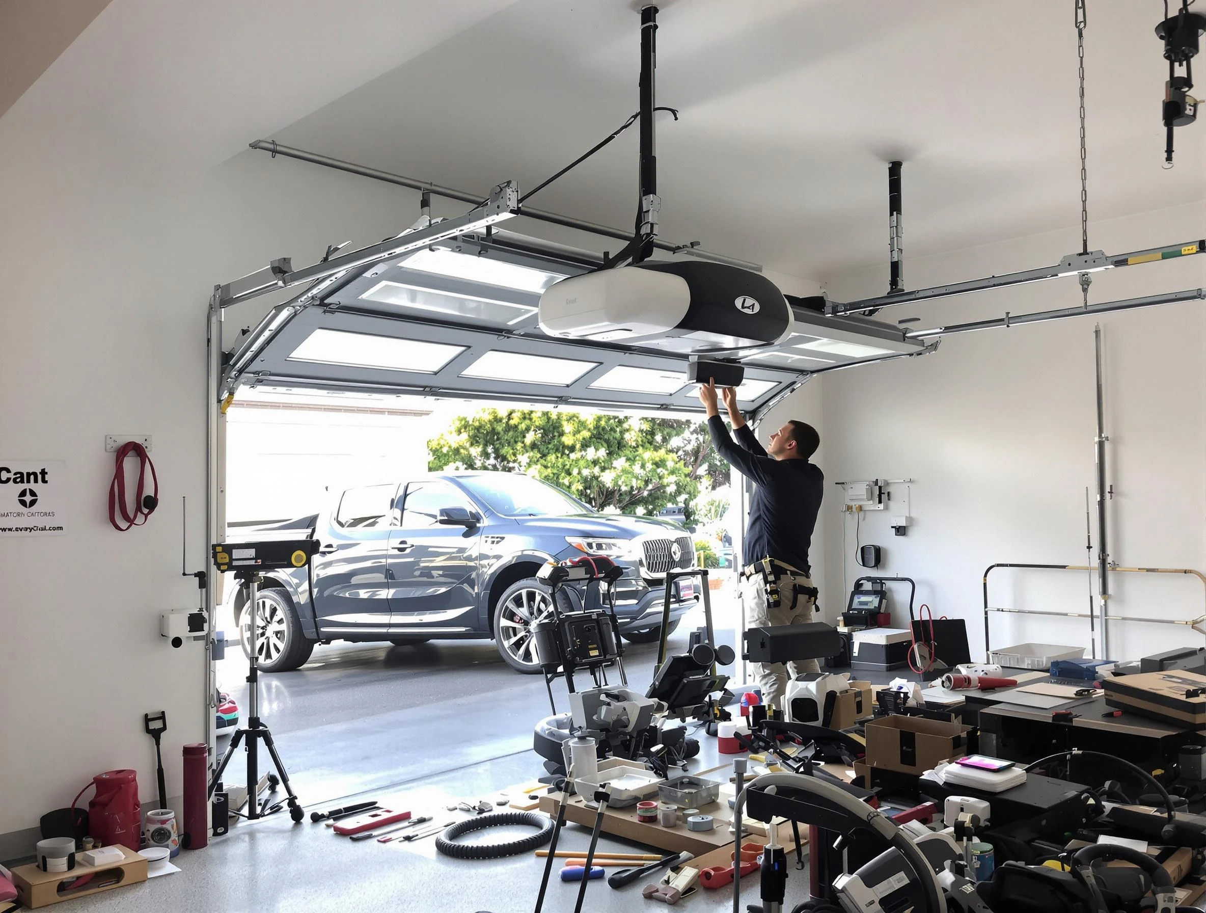 Maple Grove Garage Door Repair specialist installing smart garage door opener system in Maple Grove home