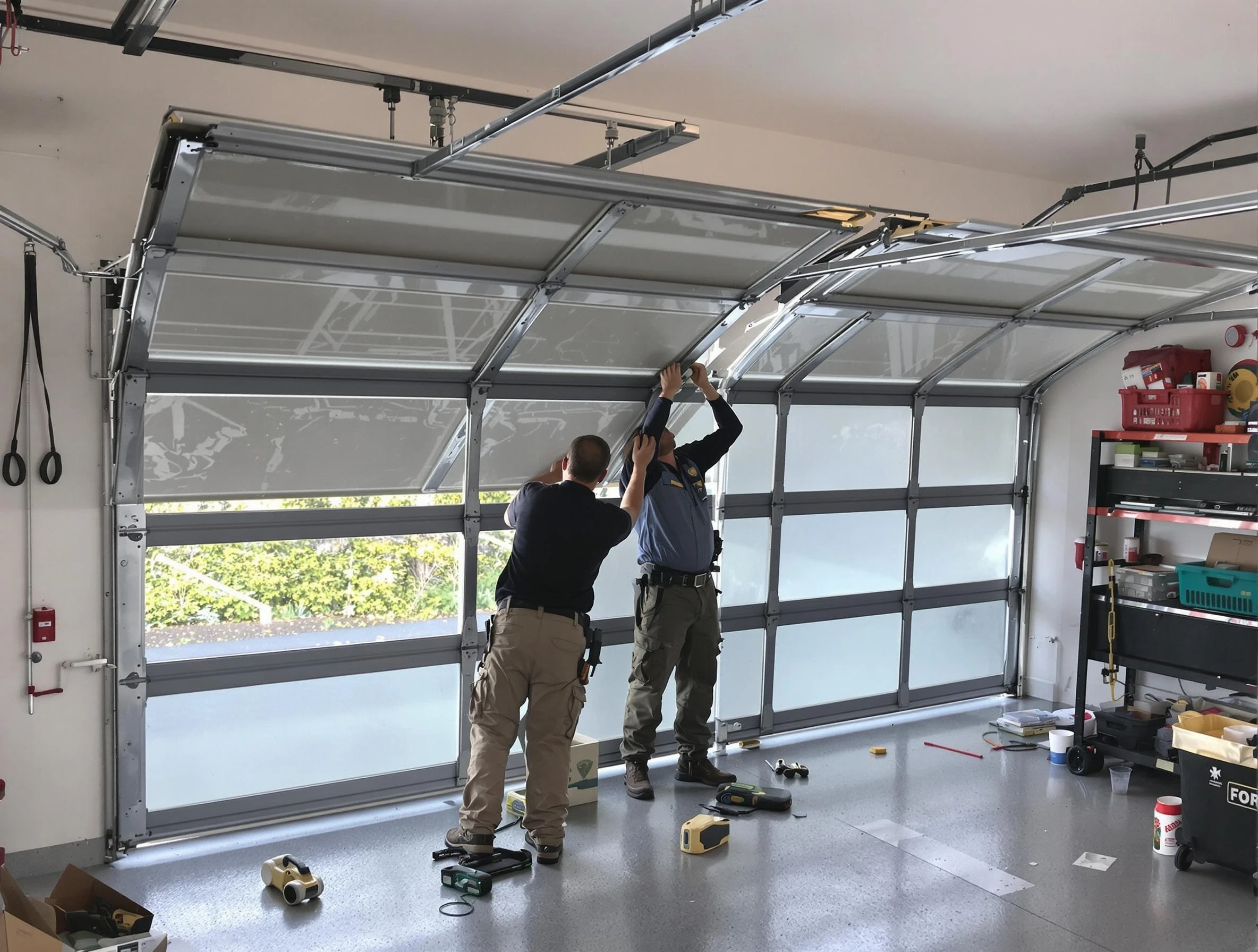Maple Grove Garage Door Repair expert performing precise panel replacement on Maple Grove garage door