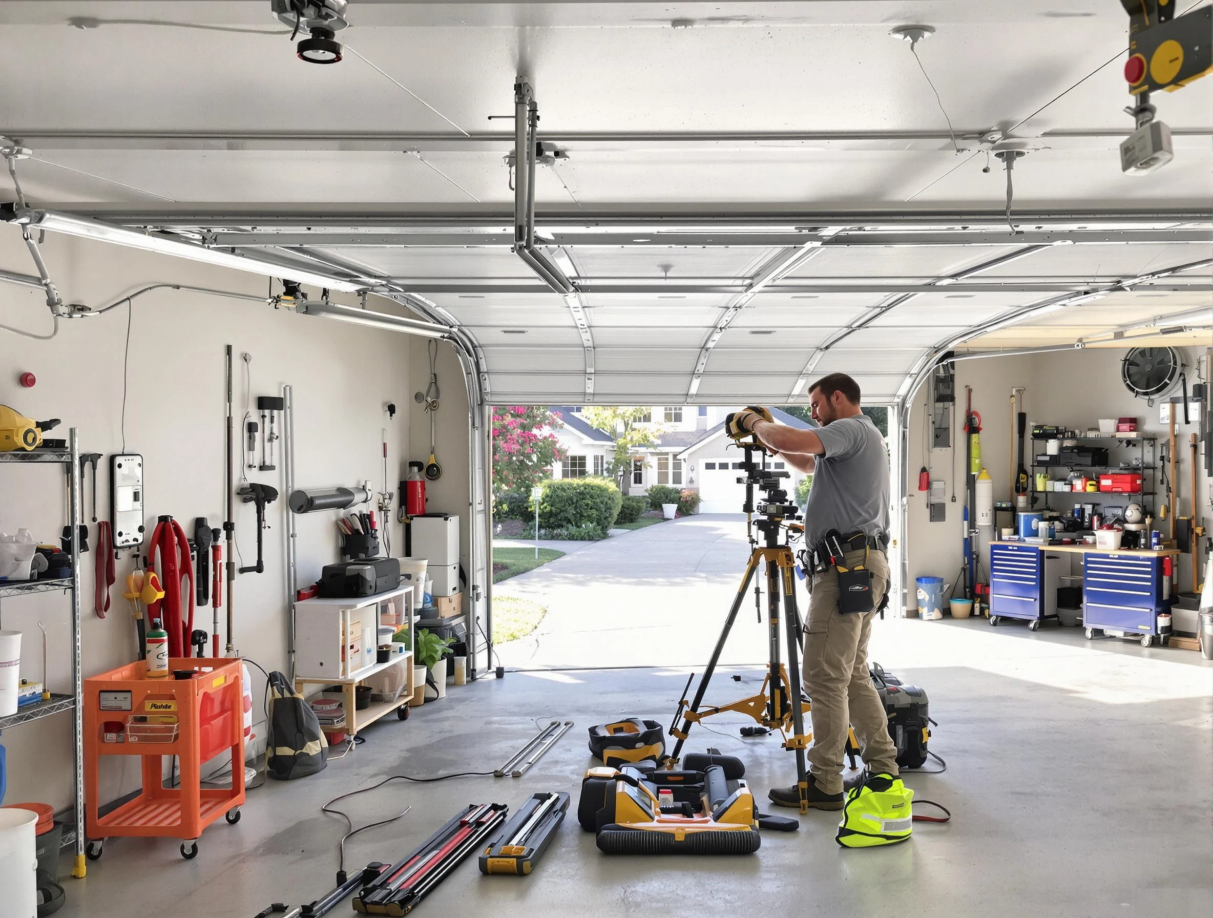 Maple Grove Garage Door Repair specialist performing laser-guided track alignment in Maple Grove